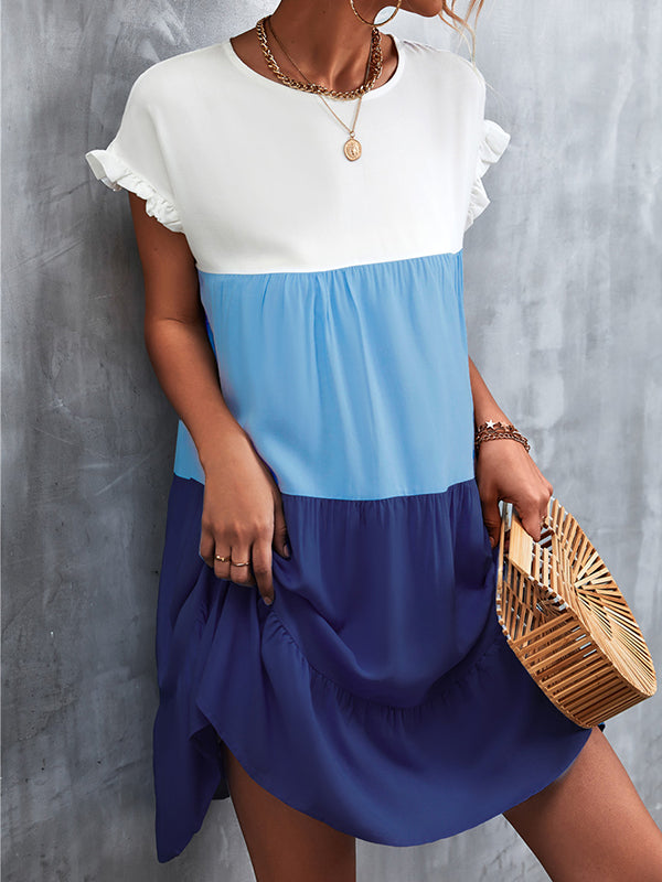 Contrast Color Falbala Pleated Split-Joint Loose Ruffle Sleeves Round-Neck Mini Dresses