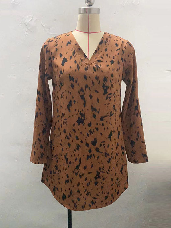 Leopard High-Low Long Sleeves V-Neck Mini Dresses