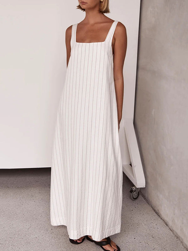 Striped A-Line Loose Square-Neck Maxi Dresses