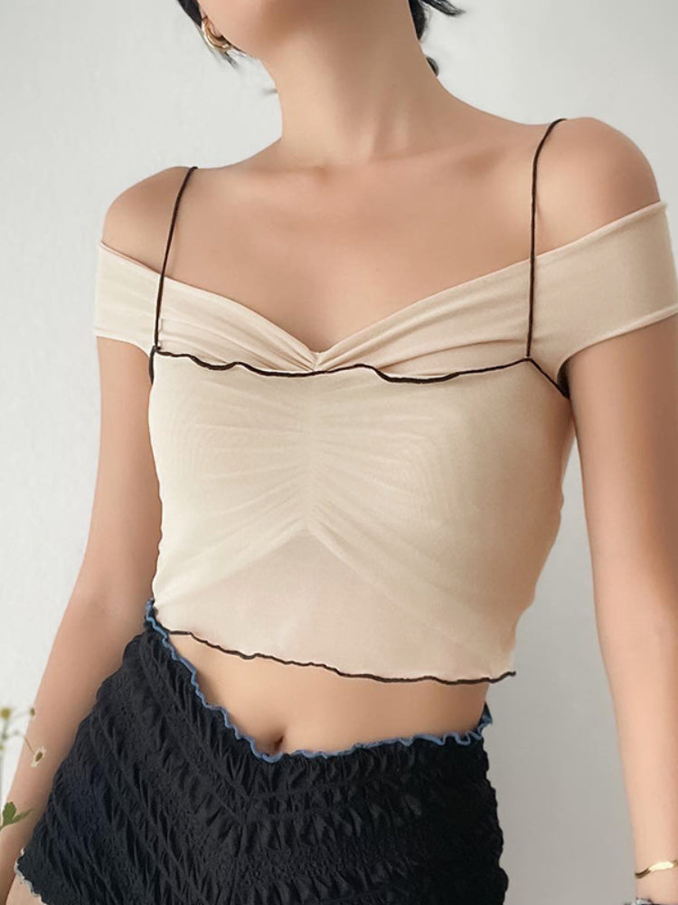 Ruffle Collision Color Mesh Backless V-Neck Top