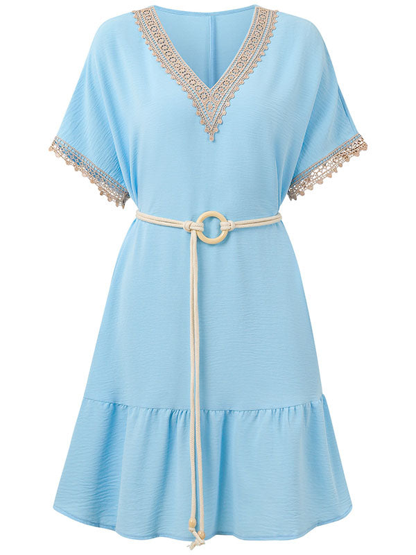 Belted Split-Joint Short Sleeves V-neck Mini Dresses