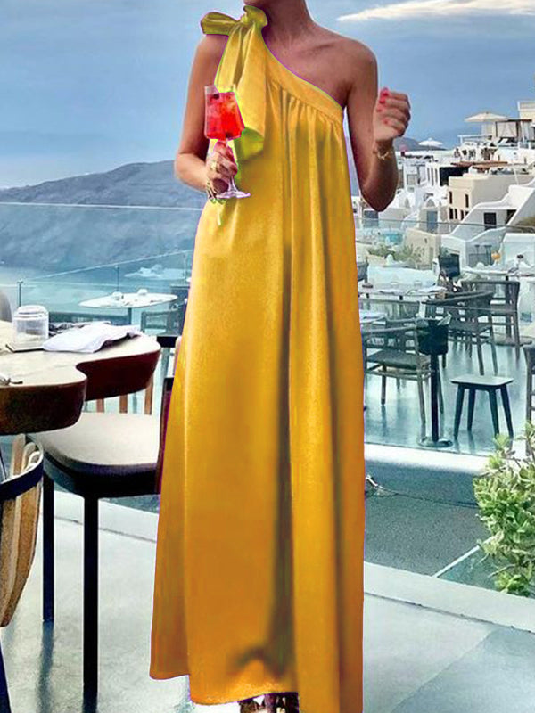 Asymmetric Pleated Solid Color Tied A-Line Loose One-Shoulder Maxi Dresses