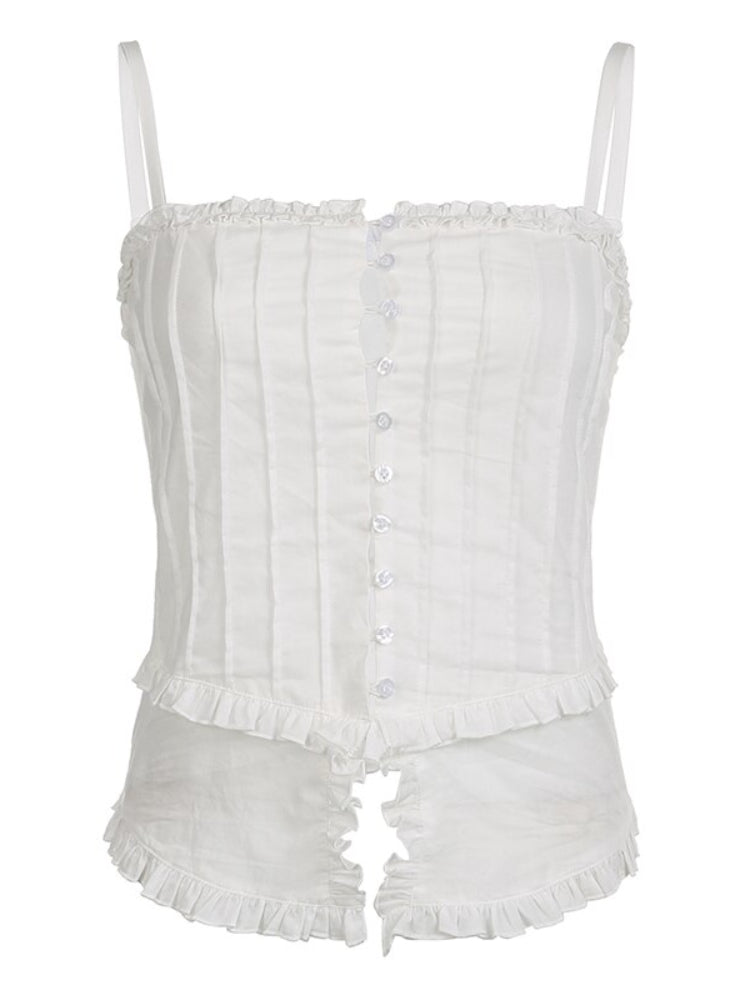 White Strap Ruffles Buttons Halter Top