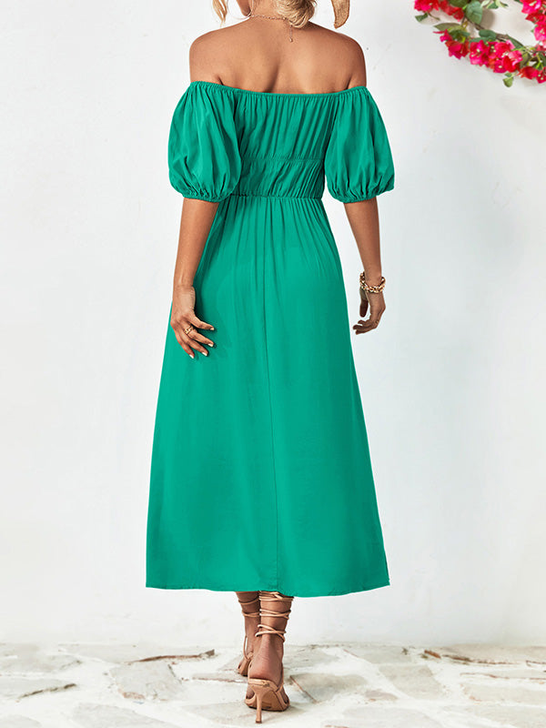Solid Color Loose Short Sleeves Off-The-Shoulder Midi Dresses