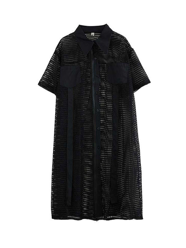 Hollow Solid Color Split-Joint Zipper Half Sleeves Loose Lapel Shirt Dress Midi Dresses