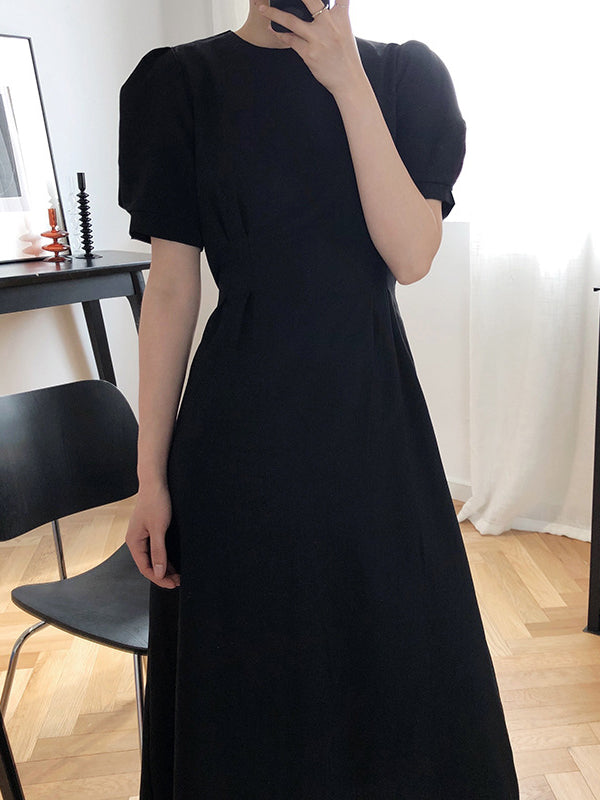 Original Creation Loose Short Sleeves Solid Color Round-Neck Midi Dresses