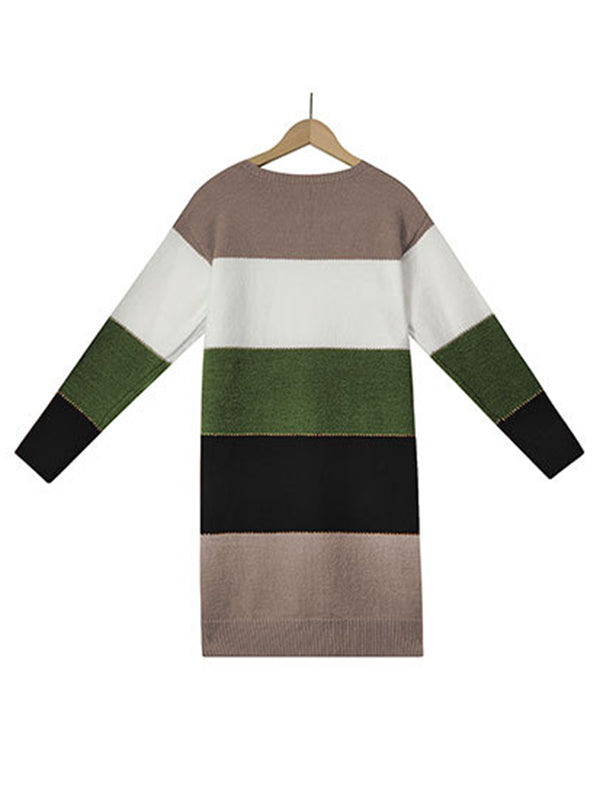 Casual Long Sleeves Contrast Color Round-Neck Sweater Dresses