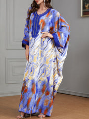 Contrast Color Muslim Printed Split-Joint Batwing Sleeves Loose V-Neck Muslim Abaya Maxi Dresses