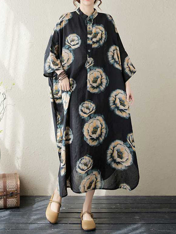 Buttoned Flower Print Loose Three-quarter Sleeves Stand Collar Midi Dresses