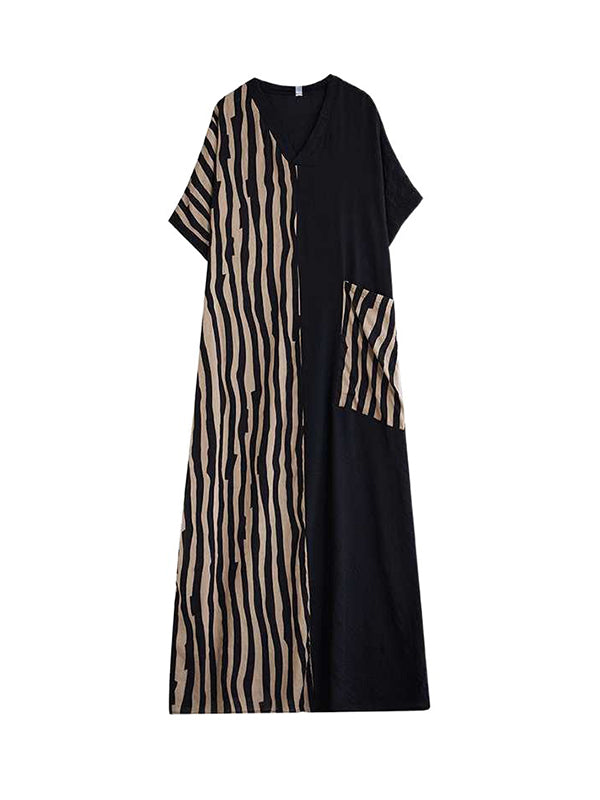 Contrast Color Pockets Split-Joint Striped A-Line Batwing Sleeves V-Neck Maxi Dresses