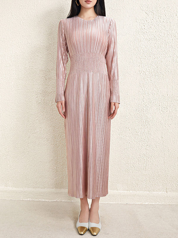 Bronzing Pleated Shiny Solid Color A-Line High Waisted Round-Neck Midi Dresses