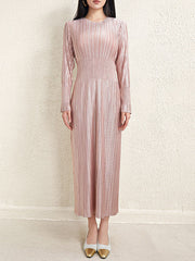Bronzing Pleated Shiny Solid Color A-Line High Waisted Round-Neck Midi Dresses