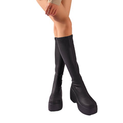 Black Chunky High-heeled Platform Knee Boots