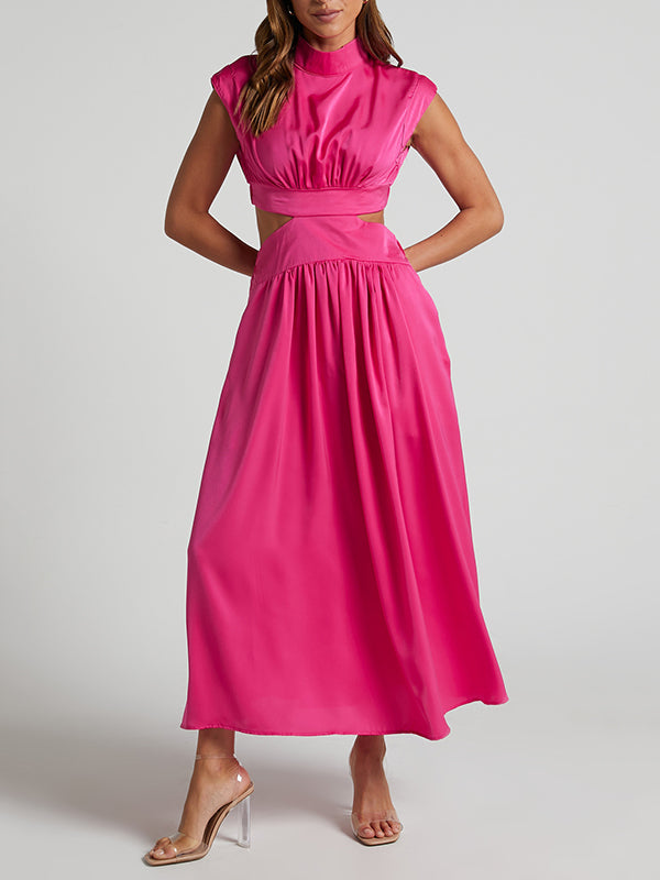 Belly-Hollow Pleated Solid Color Cap Sleeve Stand Collar Maxi Dresses