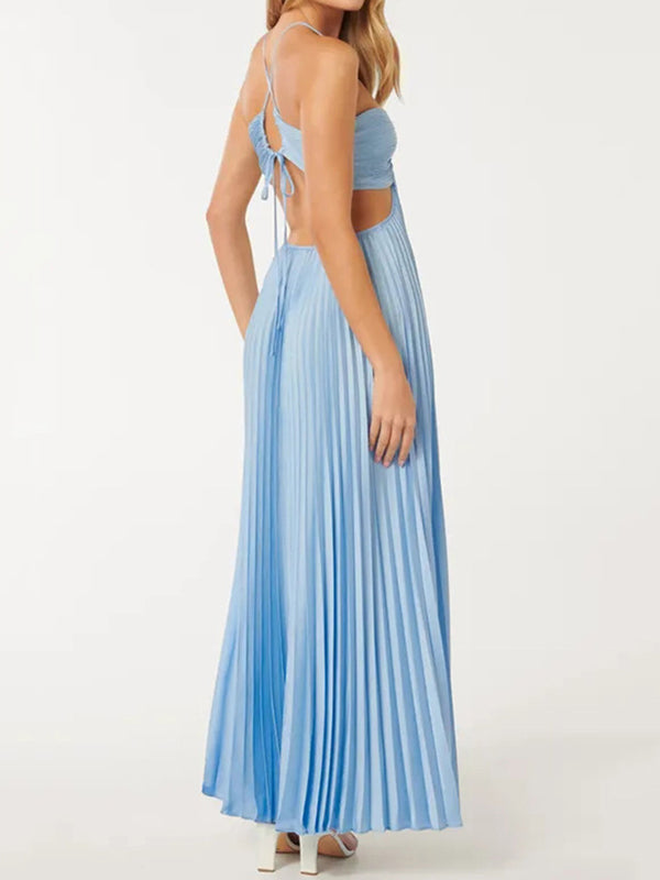 Solid Color Pleated Bandage Spaghetti-Neck Elegant Satin Maxi Dresses
