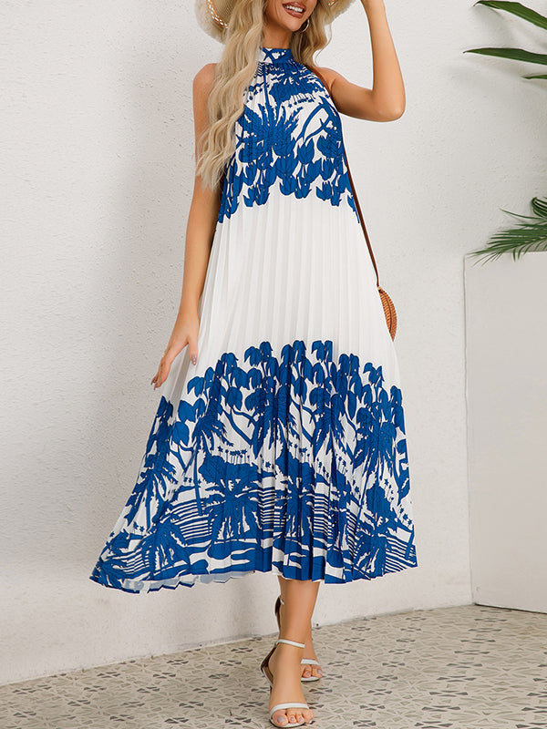 Hollow Pleated Printed Tied A-Line Loose Mock Neck Midi Dresses