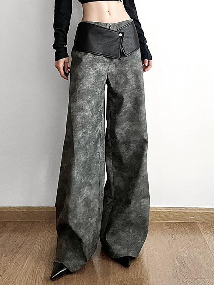Low Waist Tie Dye Panel Faux Leather Wide Leg Pants