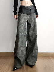 Low Waist Tie Dye Panel Faux Leather Wide Leg Pants