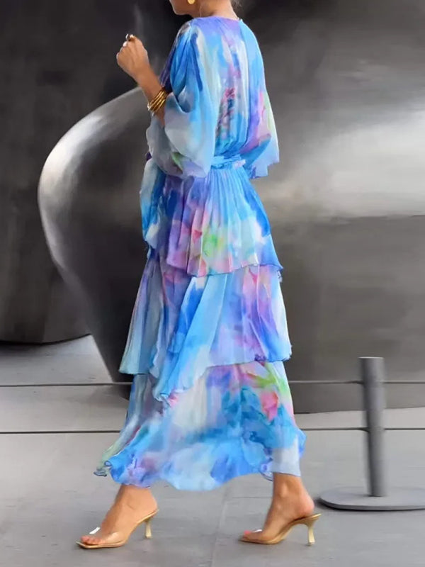 Flower Printed Gradient Ruffled Half Sleeves Maxi Dresses