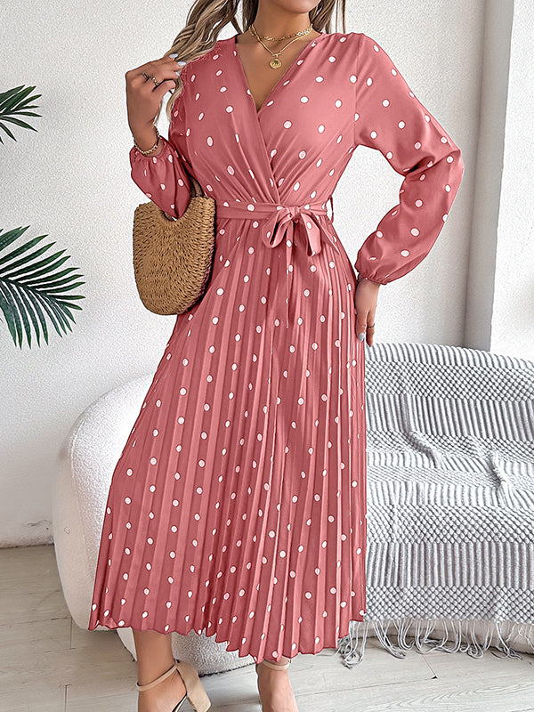 Elasticity Pleated Polka-Dot Split-Joint Tied Waist A-Line High Waisted V-Neck Shirt Dress Midi Dresses