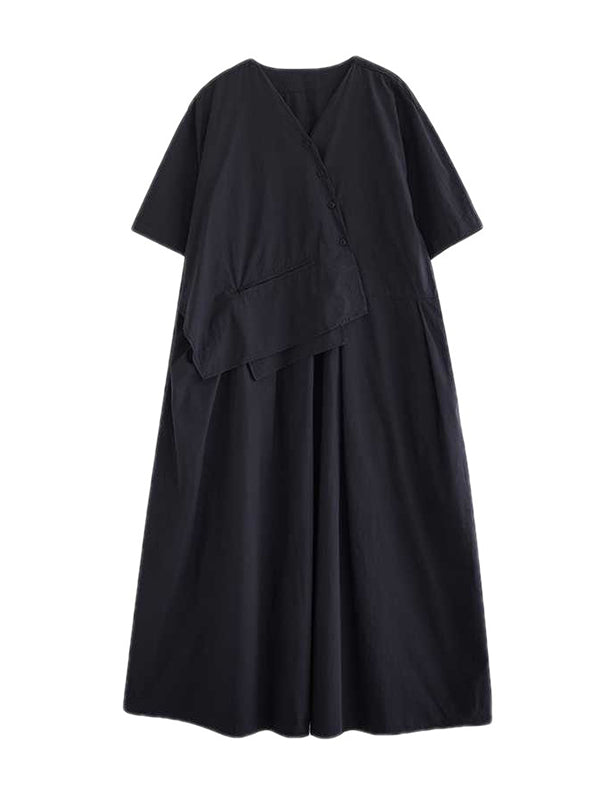 Pleated Solid Color Split-Joint Loose Short Sleeves V-Neck Midi Dresses