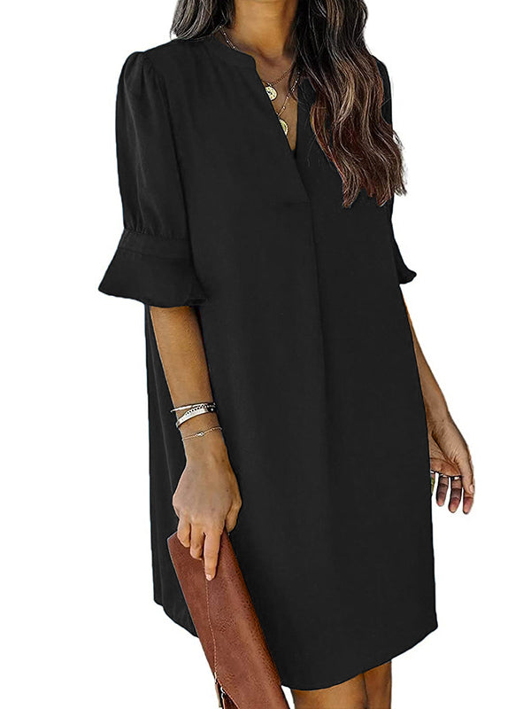 Pleated Ruffled Solid Color Split-Joint A-Line Flared Sleeves V-Neck Mini Dresses