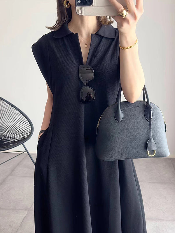Pleated Solid Color Loose Raglan Sleeve Lapel Maxi Dresses