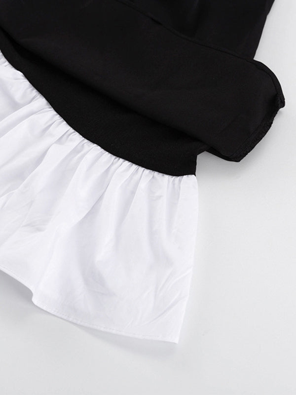 Contrast Color Pleated Tiered Long Sleeves Loose Peter Pan Collar Mini Dresses
