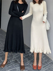 Ruffled Solid Color Long Sleeves Loose Round-Neck Sweater Dresses Midi Dresses
