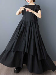 Asymmetric Buttoned Pleated A-Line Loose Spaghetti-Neck Suspender Dress Maxi Dresses