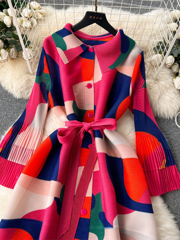 Belted Contrast Color Pleated Flared Sleeves Loose Midi Dresses
