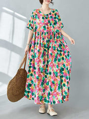Pleated Polka-Dot Printed Split-Joint Half Sleeves Loose Round-Neck Midi Dresses