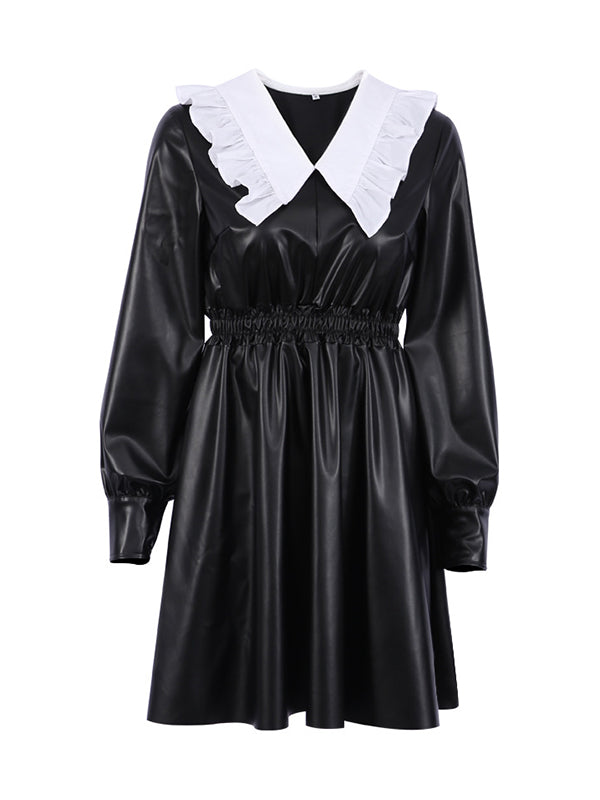 Elasticity Pleated Split-Joint Loose Puff Sleeves Peter Pan Collar Mini Dresses