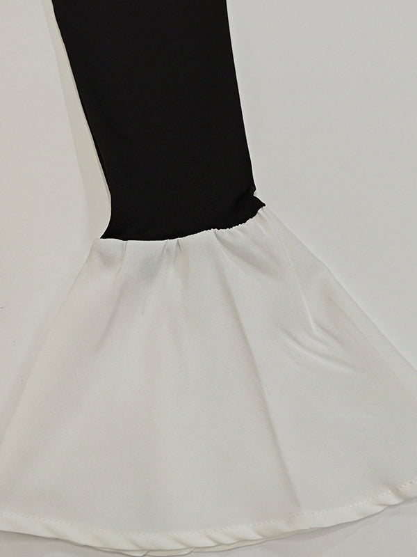 Contrast Color Pleated Split-Joint A-Line Flared Sleeves Round-Neck Mini Dresses