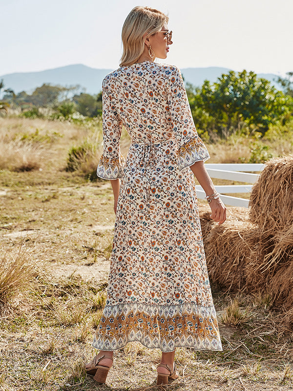 Vacation Flared Sleeves Buckle V-Neck Maxi Dress