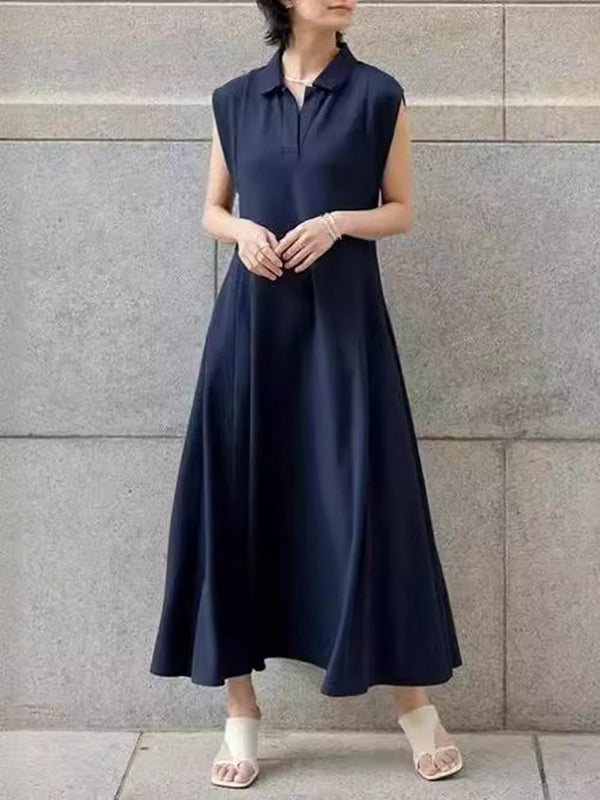 Pleated Solid Color Loose Raglan Sleeve Lapel Maxi Dresses