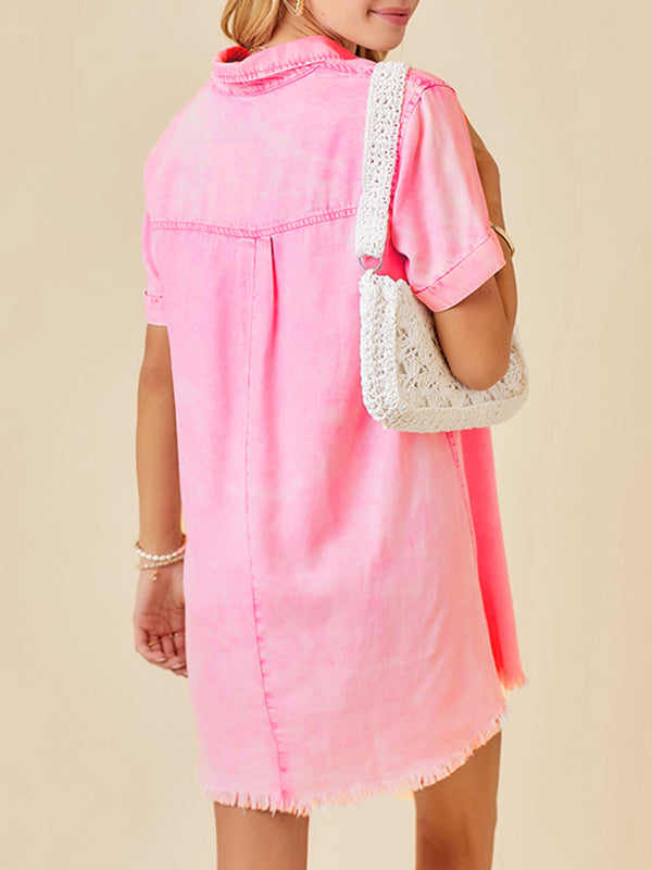 Fringed Pleated Pockets Split-Joint A-Line Loose Lapel Mini Dresses