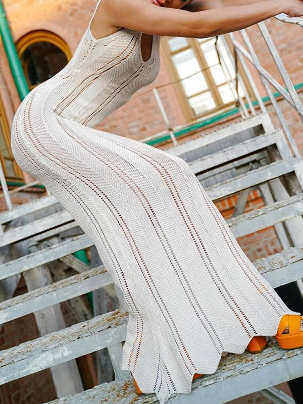 Backless Hollow See-Through Solid Color Split-Joint Skinny Sleeveless Wide Straps Maxi Dresses