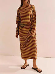 Contrast Color No Belt Split-Joint Striped Long Sleeves Loose Round-Neck Maxi Dresses
