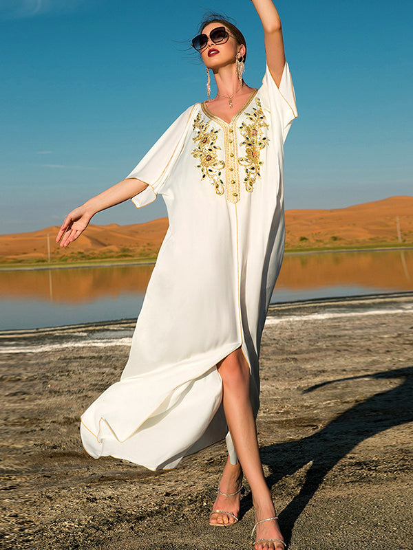 Vacation Loose Solid Color V-Neck Dress