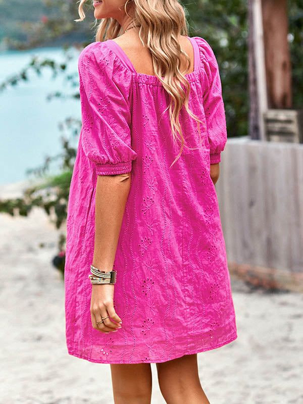 Jacquard Solid Color Loose Puff Sleeves Square-neck Mini Dresses