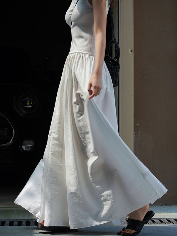 Pleated Solid Color Split-Joint Loose Sleeveless Round-Neck Maxi Dresses