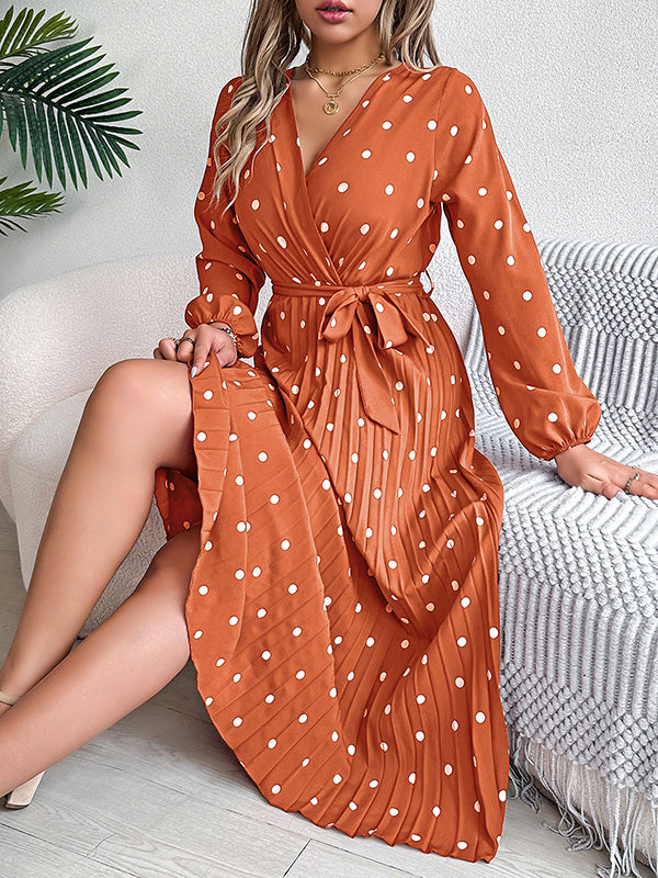 Elasticity Pleated Polka-Dot Split-Joint Tied Waist A-Line High Waisted V-Neck Shirt Dress Midi Dresses