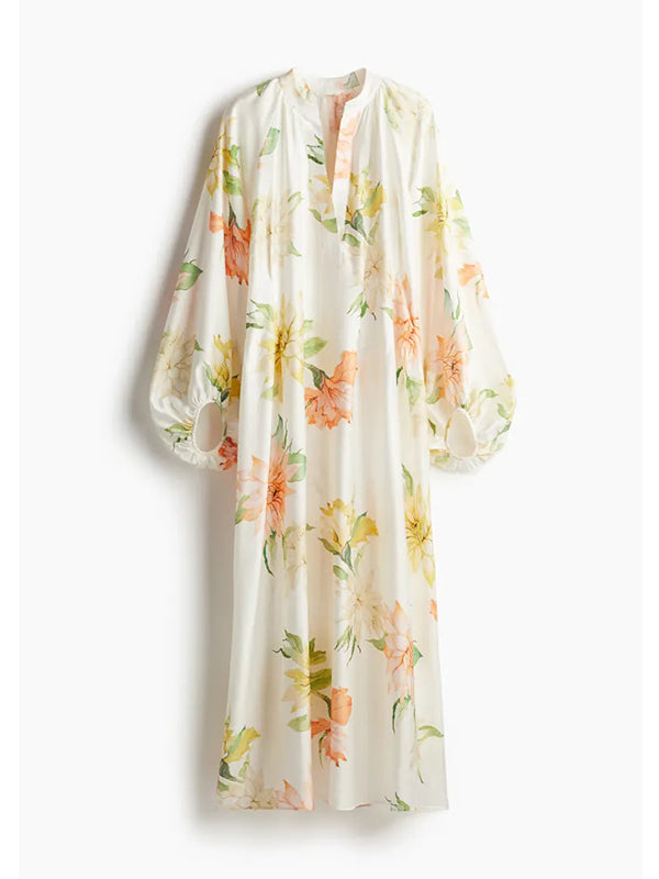 Floral Print Loose Long Sleeves Casual Maxi Dresses