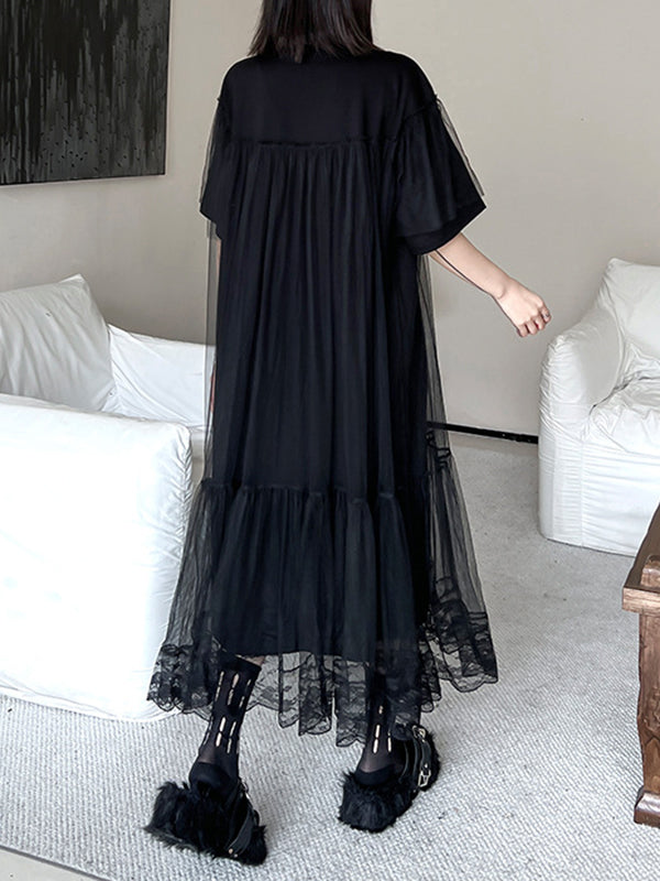 Gauze Pleated Solid Color Split-Joint Tiered Fake Two-Piece Loose Round-Neck Midi Dresses