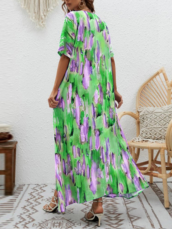 Contrast Color High-Waisted Printed Loose Short Sleeves V-neck Maxi Dresses