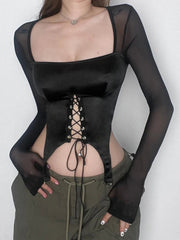 Square Neck Mesh Lace Up Corset Top