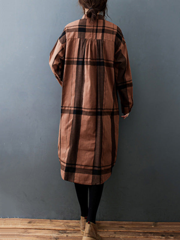 Vintage Solid Long Sleeve Pleats Blouse Shirt Dress