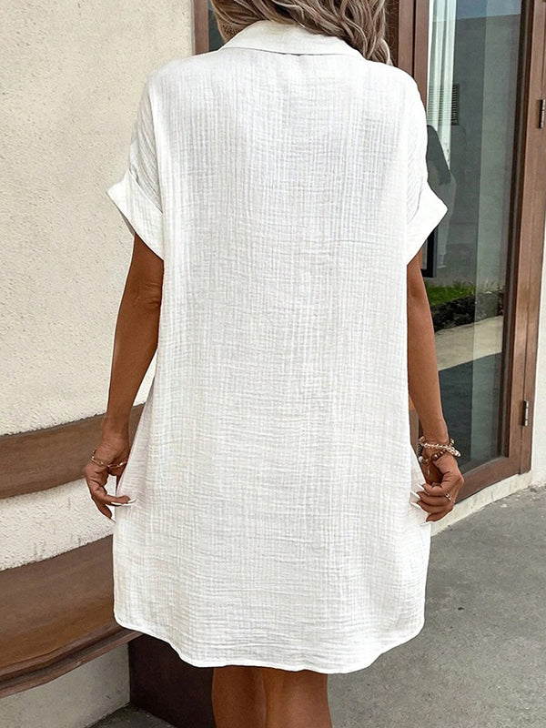Pleated Split-Joint Loose Short Sleeves Lapel Shirt Dress Mini Dresses