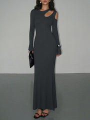 Hollow Solid Color Long Sleeves Skinny Cold Shoulder Maxi Dresses
